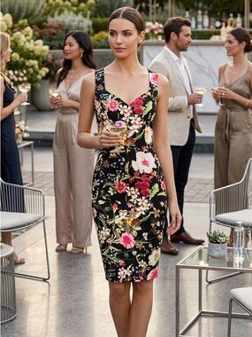 Bisou Bisou Black Floral Sheath Mini Dress with Pink & White Blooms